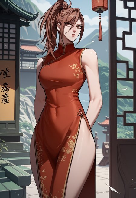score_9, score_8_up, score_7_up, high detail face, best quality, absurd res, 1girl, Mei, brown eyes, brown hair, long hair, ponytail, Mei long clothes, chinese dress, looking at viewer, standing,  <lora:thighs slider_last:6>, very thick thigh