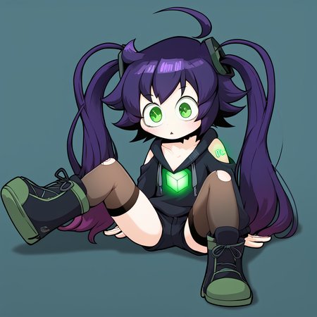 <lora:Zannnenn1:1>,      <lora:ICoN:0.8> IC0n,  purple hair, twin tails, ahoge, green eyes, black hoodie, open shoulders, black tighhighs, black boots, glowing green cube on chest, glowing green tattoos on shoulders
