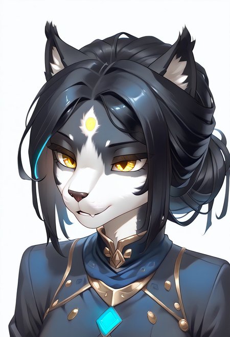 masterpiece, score_9, score_8_up, score_7_up, score_6_up, simple background, (by zinfyu:1), source_furry, (beautiful yellow eyes), anthro, furry, 1girl, 3mb3r, feline, black and white fur, detailed face, detailed eyes, black hair, tail, animal ears, An anime-style portrait with flowing hair transitioning from dark blue to white at the ends. She has sharp, bright yellow eyes. The character has soft cat ears matching her hair color, adding a subtle fantasy touch. The art style is soft and minimalist, with a (((monochromatic blue and white color)), glowing highlights, and a gentle, serene expression. Clean and elegant anime illustration