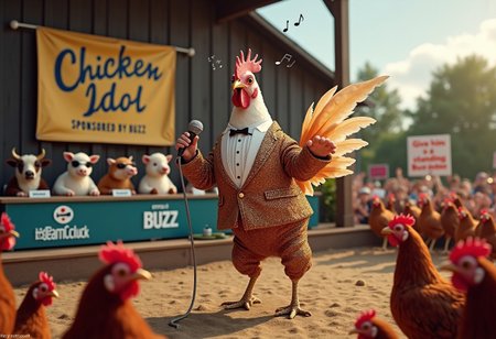 A very smug-looking chicken stands on a stage in a farmyard, wearing a glittery, oversized tuxedo and holding a tiny microphone. Behind him is a homemade banner that says, “Chicken Idol: Sponsored by Buzz.” To his left, a panel of farm animals—an unimpressed cow, a sheep with headphones, and a pig with sunglasses—sits at a long judging table with little buzz coins as score paddles.
The chicken strikes an overly dramatic pose, one wing outstretched, the other clutching the microphone, as if he’s about to belt out a power ballad. His beak is wide open, mid-squawk, with musical notes floating comically out of it. The audience, a crowd of clapping and cheering chickens, holds signs saying, “Give him the buzz!” and “#TeamCluck.”
Above the chicken, a speech bubble declares:
“This performance deserves a standing buzz-ovation!”
The scene is chaotic and ridiculous, blending the drama of talent shows with the absurdity of a chicken passionately seeking buzz-powered fame.