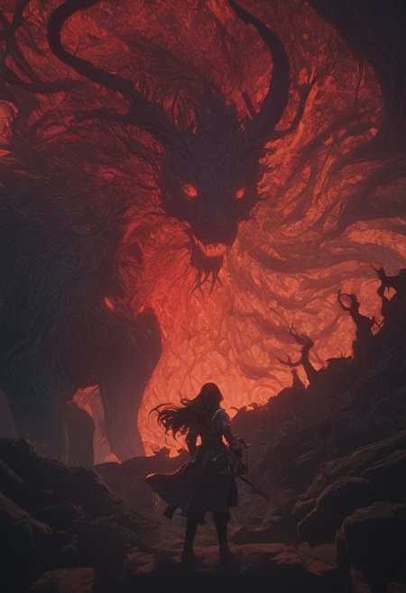 Bosstyle, Silhouette of a Woman with Long Neon White billowing Hair fighting a giant DARK mononoke Monster Boss resembling a chimera spider with Horns and Lion eyes: Capture the essence of nostalgia and color in this vintage photograph. Dominating the scene is a meticulously detailed, translucent dark-red Blood filled goat, adorned with vibrant patterns, blending seamlessly with its surroundings. Its long tail, composed of intricately woven ribbons in a spectrum of colors, trails behind, adding to the spectacle of the moment. Amidst the quietude of the night, its presence exudes a sense of ancestral strength and resilience. Behind it, the low-toned hues of the Milky Way cast a mesmerizing backdrop, a cosmic tapestry weaving tales of both past and future. In this moment, the convergence of tradition and technology, of ancient wisdom and industrial progress, hangs palpably in the air., atmospheric haze, Film grain, cinematic film still, shallow depth of field, highly detailed, high budget, cinemascope, moody, epic, OverallDetail, 2000s vintage RAW photo, photorealistic, candid camera, color graded cinematic, eye catchlights, atmospheric lighting, imperfections, natural, shallow dof