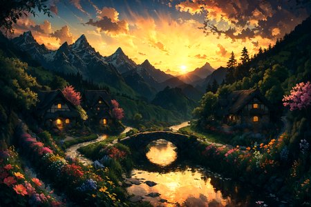 Imagine a serene landscape set during the golden hour, with the sun casting its warm glow over a picturesque village nestled in the rolling hills of the countryside. In the foreground, a crystal-clear stream meanders through lush green fields dotted with wildflowers of every hue, reflecting the vibrant colors of the sky as day transitions to evening. An ancient stone bridge spans the stream, leading to the village where quaint cottages with thatched roofs and flowering vines climbing up their walls emit a welcoming glow from their windows. In the distance, majestic mountains stand guard, their peaks just catching the last light of the sun. This tranquil scene is alive with the sounds of nature: the gentle flow of water, the soft rustle of leaves in the breeze, and the distant call of birds heading home. The whole composition invites the viewer into a timeless moment of peace and beauty, untouched by the rush of modern life. <lora:Lost_In_Dreams:0.7> <lora:xl_more_art-full_v1:0.6>, (masterpiece:1.2), best quality, (hyperdetailed, highest detailed:1.2), high resolution textures