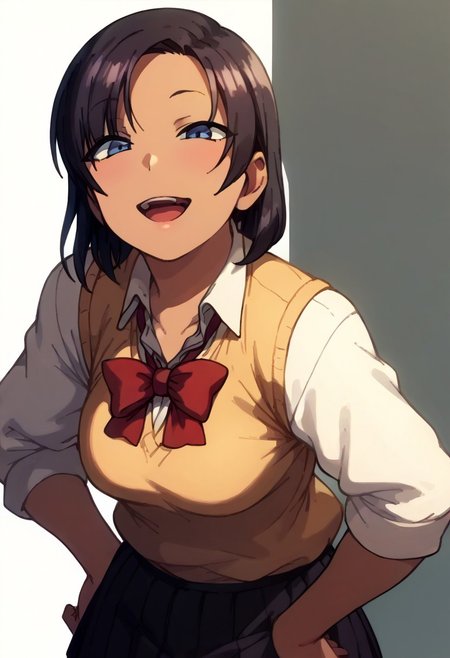 score_9, score_8_up, score_7_up, score_6_up, source_cartoon, 1girl, solo,
,medium breast, sexy hips ,
SaeHinata,1girl,black hair,medium hair,blue eyes,tan, 
sweater_vest,red bowtie,sleeves rolled up, pleated_skirt,
 upper body, close up, blank background, 
leaning forward, smug, open mouth, hands on hips, looking at viewer, half body