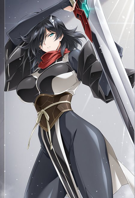 <lora:Amatsu_no_Yomi_ill_v1.0-000009:1>,anyomi,aqua eyes,black hair,medium hair,large breasts,hair over one eye,
hair ornament,red scarf,japanese clothes,detached sleeves,wide sleeves,bodysuit,side slit,
1girl,solo,(tsunashima shirou:0.9),
holding sword,greatsword,
light particles,, textless version,