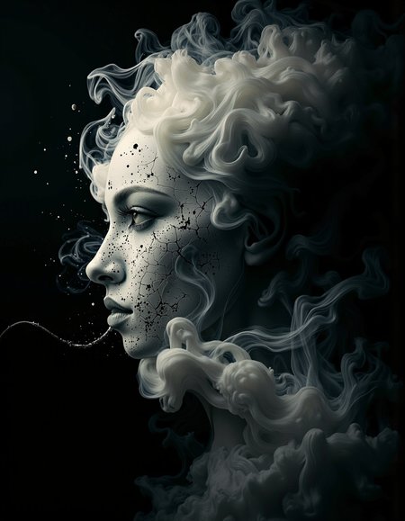 A cinematic photography.
a dipiction of a hantu iban, disintegrating and dissolving into swirling lines of fogg, smoke and particles blending with the black background, blending form with reality. Framed in thick volumetric fog. diffused light, delicatly, whispering, eye catching masterpiece artwork. drifting fog, cracked light and smokey haze in floating threads finishes the dreamlike reality.