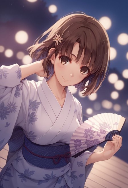 safe_pos, score_9, score_8_up, score_8, score_7_up, score_7, source_anime,
1girl, katou megumi, Megumi <lora:KatoMegumi:1>,brown hair,katou megumi,brown eyes, short hair , medium breasts, masterpiece, best quality, traditional Japanese festival theme, yukata with floral patterns, vibrant red and gold colors, obi bow, holding a paper fan, sakura petals falling, glowing lanterns in the background, evening setting, warm lighting, gentle smile, one hand adjusting hair, hairpin accessory, slight head tilt, wooden sandals, stone pathway, festival stalls blurred in background, soft depth of field, traditional aesthetic, ((fingers fix))