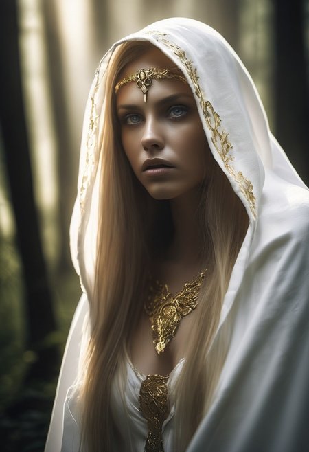 Fantasy, a beautiful woman with long hair. the face covered by a hood. the white clothes are old and worn. golden decorations on clothing. The woman stands in a clearing in the forest. A few rays of sunlight shine through the thick fog.
dark, chiaroscuro, low-key
Focus on Face, dark background, ffacedetailxl, Green eyes, golden jewelry, blond hair