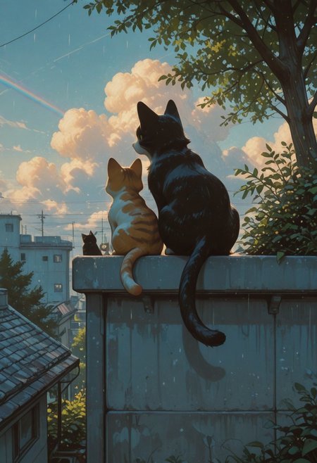 rain, rainbow, one dog, multiple cats, domestic cat, orange tabby cat, calico cat, black tabby cat, white tabby cat, kitten,
on rooftop, sitting in a row, back view, tail hanging down, tail down,
sunny day, soft shadows, warm lighting, vibrant colors, slice of life, serene_mood,
bluesky, white clouds, urban rooftop, concrete wall, plants in foreground, tree, open air, peaceful afternoon,   
masterpiece, amazing quality, best quality, scenery, painterly, anime coloring