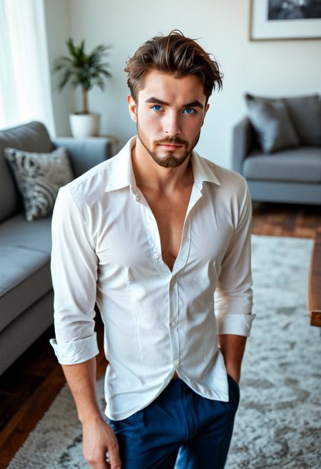 (man:1.25), male, joe, masculine, handsome, muscular, fit, 45 years old, strong jawline, short brown beard, short brown hair, well groomed, blue eyes, skin details, detailed eyes,
BREAK
close-up, standing, grey couch, living room, grey rug, wood floor,
BREAK
wearing white dress shirt, blue pants,
BREAK
grinning, dominant, facial expression style,
BREAK
score_9, score_8_up, score_7_up, dynamic, highly detailed, high quality, smooth, sharp focus, intricate details, photo, realistic, photorealism, realism, high budget, high res, hires, high resolution, studio lighting, epic, dramatic, gorgeous,