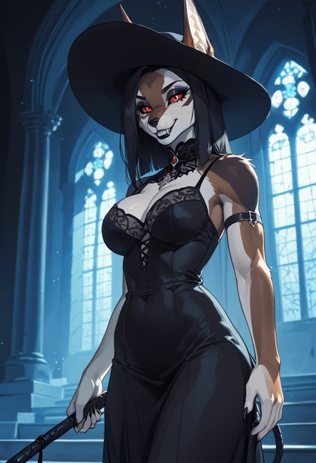 score_9, score_8_up, score_8, score_9, source_furry, perfect finger anatomy, perfect face, perfect eyes, perfect nose, unique angle, (perfect teeth), volumetric lighting, cinematic lighting, (solo, 1girl, furry, anthro, jackal:1.3), (a tall vampire girl at the grim gothic castle:1.2), (bent down:1.3), ((touching crotch)), 
BREAK 
(wearing rich royal long gown), sunhat, (whip:1.3), cleavage, (vampire fangs), red eyes, black makeup, black lips, (dark black), (three tone body, gray shoulders, brown back and white chest), (athletic body:1.3), bulging breasts, bulging muscles, narrow shoulders, ((wide hips)), ((perfect round ass)), sexy, visible ceiling, gothic windows, grim atmosphere, gothic castle,