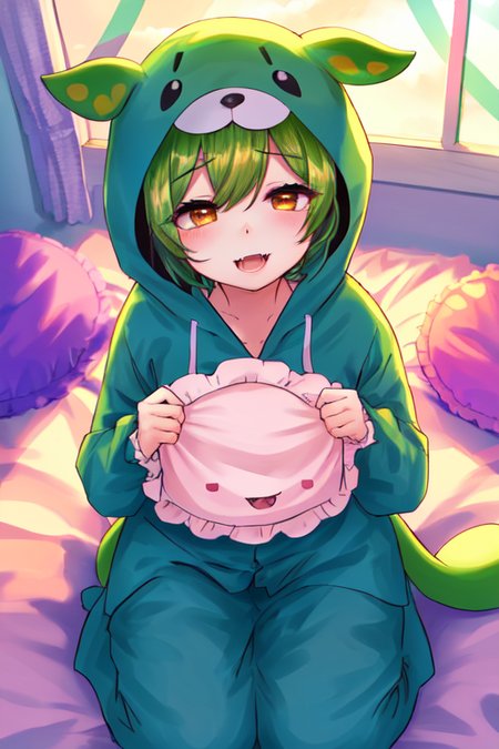 Original Characters, Natural Volumetric Lighting And Best Shadows, Deep Depth Of Field, Sharp Focus, Portrait Of Stunningly Beautiful Petite Girl, Soft Delicate Beautiful Attractive Face With Alluring Orange Eyes, Lovely Small Breasts, Sharp Eyeliner, (Yawning And Out Half Closed Eyes:1.05), Open Mouth With Cute Fangs, green Hair, Thick Layered Medium Hairstyles, Blush Eyeshadow With Thick Eyelashes, Parted Lips, Cute Kigurumi Pajamas, (Huging Long Pillow:1.1), (Sitting On Moon/Stars/Clouds Patterned Lovely Duvet Bed:1.2), (Loft Bedroom Under Circular Window:1.15), (Highest Quality, Amazing Details:1.4), Masterpiece, Bloom, Picturesque, Brilliant Colorful Paintings <lora:Zundamon:1>