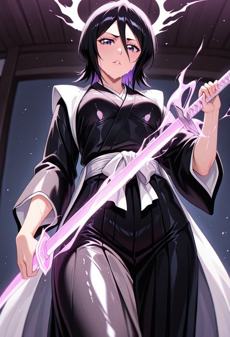 masterpiece, best quality, good quality, very aesthetic, absurdres, newest, 8K, depth of field, focused subject, in the style of cknc, artist:moriimee, in the style of cksc, 
1girl, rukia kuchiki (bleach), short black hair, messy, violet eyes, small_breasts, perky, kimono, metallic_latex, transparent_panels, glossy lips, sweaty, standing, sword_in_hand, looking at_viewer, thigh focus, motion_lines:0.8, motion_blur:0.8, retrofuterotica,
BREAK
neon_soul_society, holographic_sakura, glitchy_gates,
BREAK
neon_colors, warm_tones, shiny_surfaces, glitch_overlay, soft_warm_light, neon_highlights, film_grain, rich_details, view_front, from_front,