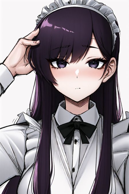 ((komi shouko)), 1girl, apron, black eyes, dotted background, emphasis lines,komi-san wa komyushou desu, long hair, looking at viewer, maid, (no mouth), (no nose), purple hair, self-upload, solo, sound effects, upper body, nose blush, large eyes, shaded face