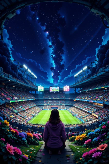 stadium, bright luminous starry night, woman, very intricate, very detailed, sharp, bright, colorful, <lora:Hand v2:0.5> <lora:Anti-Blur:1><lora:Insane Detail Slider:0.25>  <lora:flux.1_lora_flyway_Epic-detail_v2:0.3> <lora:fluxenhancer:0.25><lora:ck-Neon-Retrowave:0.4> ck-rw, in the style of ck-rw,  <lora:Neurocore Anime Cyberpunk:0.8> A digital artwork in the style of cknc