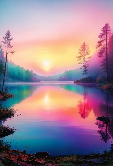 detailed photorealistic image, gradient of vibrant neon colours, image of a tranquil lake in woodland, sunset, mist
perfection style, vivid colors, colorful, vivid background, holographic, midjourneyv6.1, surr