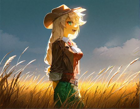 applejack , 1girl, blonde_hair , cloud ,colored_skin, furry, furry_female, long_hair,orange_skin ,outdoors, personification , solo, , wheat_field,Straw ,dot_nose, freckles, green_eyes , medium breast,
green_pants, jacket,long_hair, official_alternate_costume, open_jacket, pants, single_braid, yellow_shirt,adapted_costume , braid ,brooch ,brown_belt, brown_hat, brown_jacket, buttons, cowboy_hat ,detached_collar, knee_boots, looking at viewer, smile , from side, windy, open mouth,
rella, rolua,  quasarcake:0.8, negative space,  very awa,
masterpiece, best quality, Good quality, very aesthetic, absurdres, newest, (Perfect details),
<lora:ponyv5_noobV065S_1_adamW:0.8>, <lora:illustrious_noobai_epsilon_pred_1_best_quality_v1:0.7> ,<lora:illustrious_noobai_epsilon_pred_11_very_aesthetic_v1:0.7> ,<lora:illustrious_noobai_epsilon_pred_1_masterpieces_v1:0.7> , <lora:Straw_thread:1>