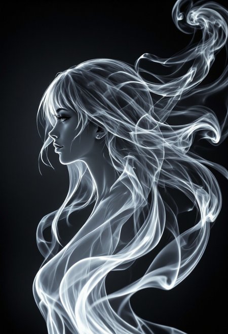 Silhouette Art, magnificent. ethereal female air elemental, long hair, bangs, made_of_smoke, translucent, ethereal, coalescing from wisps of smoke, closeup portrait, dark background