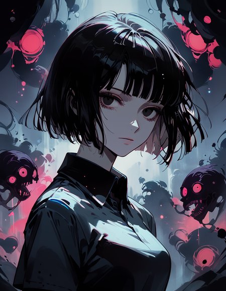 (score_9, score_8_up, score_7_up, score_6_up), 1girl, halftone effect, retro artstyle, ghosts, haunted house, short hair, black hair, black eyes, bob cut, bangs, blunt bangs, polo shirt, collared shirt, short sleeves, torn clothes, night, fog, multicolored_eyes, horror_\(theme\), from_side, head_tilt, depressed, , add-detail-xl, concept art, realistic,, abstract, abstract background, particles, colorful, gthan, gothic<lora:Pony Effects\blacksnowskill\GTHAN2.safetensors:0.8:0.8> <lora:Pony Effects\Nicows\NoctAbstract.safetensors:0.45:0.45> <lora:Pony Effects\prgfrg23\Concept Art Twilight Style SDXL_LoRA_Pony Diffusion V6 XL.safetensors:0.3:0.3> <lora:XL Enhance\w4r10ck\add-detail-xl.safetensors:0.25:0.25>