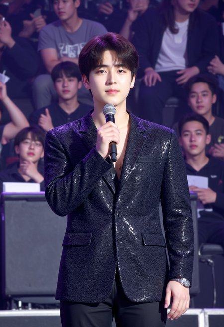 The image is a photograph of a young male korean pop idol wearing flashy clothes on stage holding mic smiling and looking at the camera