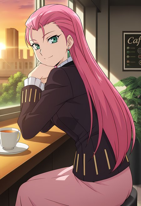 masterpiece,best quality,amazing quality,

solo, face focus,

Esuka Hibino (Cardfight Vanguard), long hair, pink hair, hair slicked back, hair down, green eyes, formal, long sleeves, earrings, jewelry, jacket, long skirt, pink skirt, 

Looking at viewer, big smile, from side,

cinematic, upper body, cup of tea,

Sit, sitting, glass, sci-fi city, cafe, greenery, 

afternoon, sunset, 

Lens flare, bloom, detailed shadow,

Official style, anime screencap, anime coloring,
















