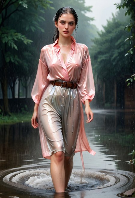 woman 30 YO, foto, masterpiece, score_9, long  dark,((drenched wet))hair, realistic, brown eyes, soaked wet clothes,beautiful, ((realistic)), Raw Photo,  Her sexy body stiff tits and nipples are shimmering through her wet clothes. Fully clothes bathing, Fashion Bath. Wet, colorful Girls Dress and Sweet fashion, aristocratic, pink blouse, silk pants,belt, robe.