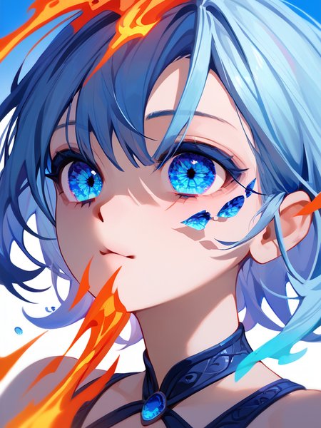 PDXL, <lora:OpalEyesV1Pony:1>, opal_eyes, 1girl, cute face, detailed eyes, short blue hair, glowing blue eyes, close-up, standing in a fire