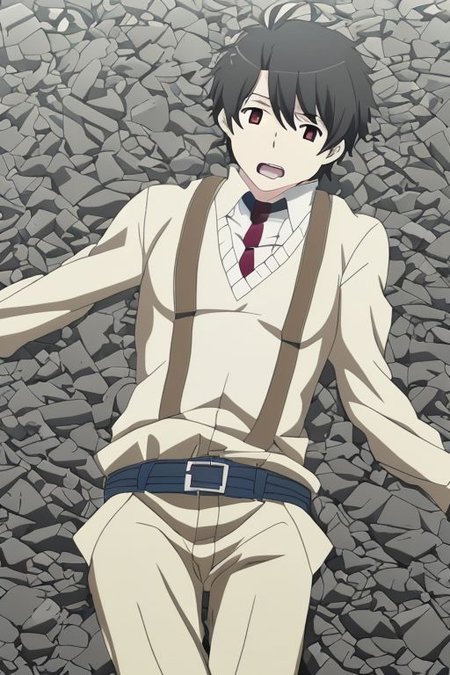 high resolution, solo, best quality, 1Boy, Inaho Kaizuka, Black Hair, fell down, revenged, dying, OverallDetail