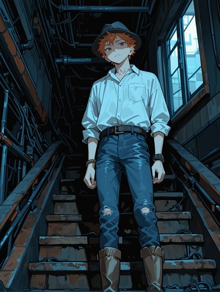 HinataShoyoCYQL,1boy,male focus,solo,short hair,orange hair,brown eyes,Linen button-up shirt, Slim-fit jeans, Suede desert boots, Woven belt, Fedora hat, Leather bracelet,disdain,looking_up,
BREAK
scenery,sciencefiction,industrialpipe,ceilinglight,light,indoors,dark,cable,window,stairs,,
BREAK
<lora:ponyv4_noob1_2_adamW:0.7>,<lora:spo_sdxl_10ep_4k-data_lora_webui:0.6>,<lora:USNR STYLE_XL_loha:0.45>,<lora:748cmSDXL:1>,usnr,748cmstyle,<lora:HinataShoyoCYQL:1>,
perfect quality,high quality,masterpiece,best quality,amazing quality,very aesthetic,absurdres,newest,