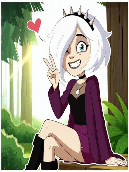 CharmcasterReboot,1girl, cute,white hair, hair_over_left_eye, black spiked headband, black choker, necklace, black top, purple coat, magenta skirt, leggings, black boots, (sitting, crossed legs,happy,:), looking at viewer, heart, petite, v, winking,),((white_background, White frame), ((Morning, nature, sunlight,White frame, white outline))