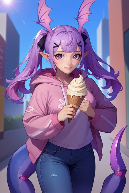 score_9, score_8_up, score_7_up, score_6_up, source_anime, 1girl, solo,  <lora:manticore-pdxl-nvwls-v1-000004:1> defMC, lavender hair, twintails, long hair, purple eyes, hair ribbon, pointy ears, head wings, hairclip, pink hoodie, jeans, looking at you, medium breasts, happy, holding ice cream, city, sun, blue sky, tail