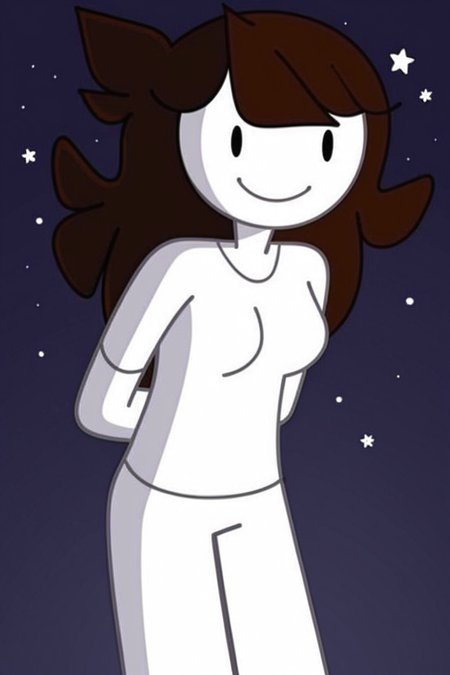 feminine, masterpiece, best quality, newest, absurdres, jaiden_a, 1girl, cartoon, brown hair, white skin, black eyes, medium breasts, leaning forward, seductive, alluring, arms behind back, looking at viewer,
BREAK
dark background, dynamic background, stars, night, outdoor,  <lora:Jaiden_A_Pony:1>