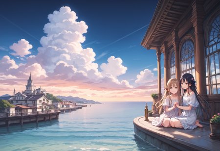 score_9, score_8_up, score_7_up, masterpiece, best quality, very aesthetic, absurdres, 
<lora:Amano_Kozue_å¤©éããã_Style_Pony-000010:1> (amano_kozue:1.2), aria \(manga\), 
2girls, yuri, holding hands, clear eyes, gentle smile, skinny, body_slim, looking at viewer, 
scenery, blue sky, cloud, ocean, venice,
