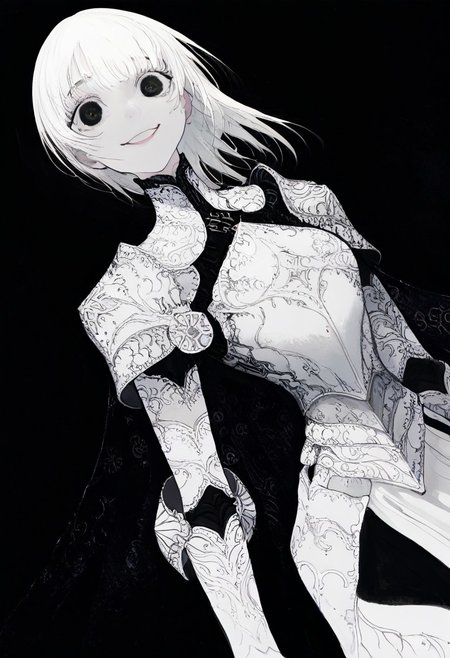 solo, looking at viewer, black eyes, black background, 1girl, long white hair, extremely pale skin, smiling, white and black armor, masterpiece,best quality,very aesthetic,absurdres
 <lora:monfornoob:0.95>