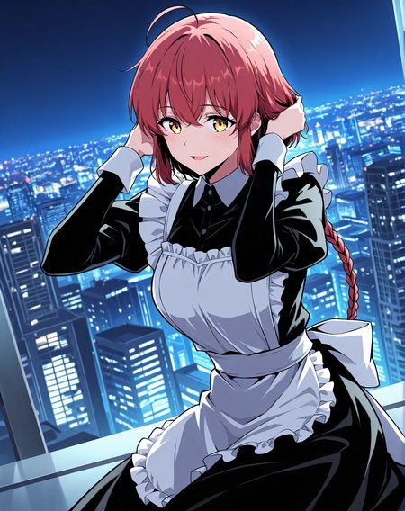 <lora:Ha_Yuri illustri:1>
1 girl, solo, long braided ponytail, red hair, short hair, ahoge, yellow eyes
maid's outfit
score_9, score_8_up, score_7_up, very aesthetic, source_anime, detailed, high quality, beautiful, masterpiece, detailed eyes, night, illuminated city background, blurry background, cityscape, pose dynamic angle, light smile, open mouth, hand on hair, sitting