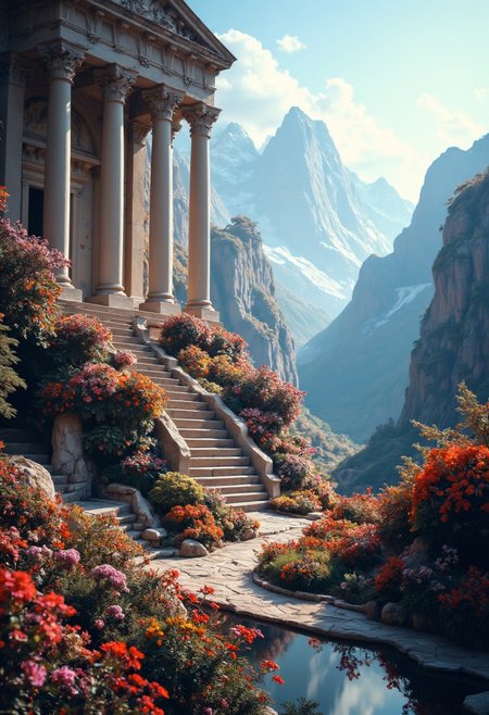 The image depicts a serene, fantastical landscape with ancient architecture. The setting is a combination of a lush, colorful garden with classical architecture, specifically reminiscent of ancient Greek or Roman temples.
The architecture includes grand columns, stone steps, and ornate details typical of ancient classical structures. The building seems to be integrated into the landscape, suggesting a harmonious blend of nature and human creation.
 The scene is rich with flora, with vibrant flowers and greenery surrounding the architecture, enhancing the ethereal quality of the location. There are mountains in the background, adding depth and a sense of grandeur.
The atmosphere is serene, almost heavenly, with a clear sky and soft lighting that suggests either dawn or dusk, adding to the mystical feel.
 The mood conveyed is peaceful, majestic, and slightly otherworldly, as if this place exists in a realm where time moves differently or where magic is commonplace.