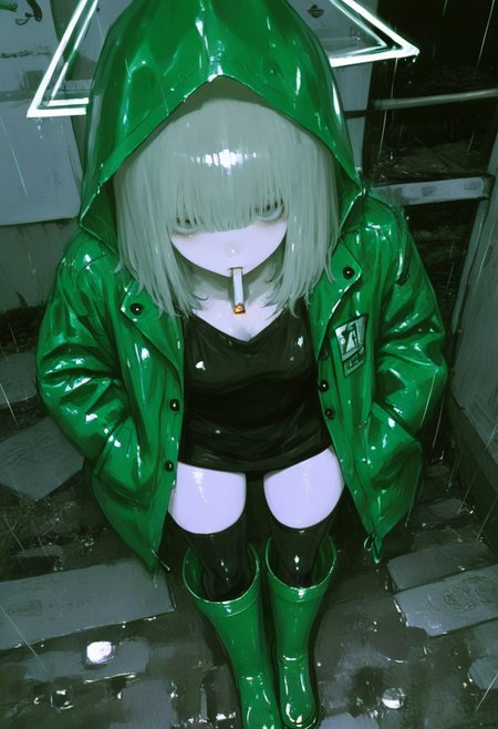 1girl, solo, cigarette, rain, hood, halo, thighhighs, boots, hands in pockets, raincoat, rubber boots, jacket, green jacket, black thighhighs, smoking, mouth hold, hooded jacket, bangs, green footwear, standing, black shirt, shirt, medium hair, outdoors, looking at viewer, hood up, knee boots, grey hair <lora:748cmXL_NB11_lokr_V6311P:0.95>