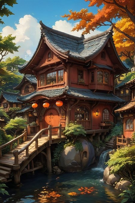 A surreal, hyper-realistic depiction of a dark red onsen bathhouse, reminiscent of Studio Ghibli's "Spirited Away." The scene captures the enchanting and whimsical essence of a traditional Japanese bathhouse, with intricate wooden architecture, warm glowing lanterns, and a serene, inviting atmosphere. The bathhouse is surrounded by lush greenery and a mystical ambiance, transporting viewers to a dreamlike world. The level of detail is extraordinary, with every wooden beam, lantern, and plant meticulously rendered, creating an immersive and magical visual experience.
hyper-realistic, surreal, onsen bathhouse, Studio Ghibli, Spirited Away, intricate wooden architecture, warm glowing lanterns, serene atmosphere, lush greenery, mystical ambiance, dreamlike world, extraordinary detail, immersive, magical.
<lora:20240627-1719439682067:0.85> FRESHIDEAS Fantasy Cottage,
<lora:add-detail-xl:1.0>,
<lora:EnvyBetterHiresFixXL01:1.0>,
<lora:extremely_detailed:1.0>, extremely detailed, 
<lora:EldritchMixIllustration_1.1:0.75>,
<lora:zavy-cntrst-sdxl:0.5> dark, chiaroscuro, low-key,