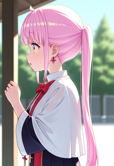 masterpiece, best quality, 32k, high resolution, absurdres, kazairo kotone, day, wide sleeves, :o, blurry background, cross, sweat, capelet, profile, from side, ribbon