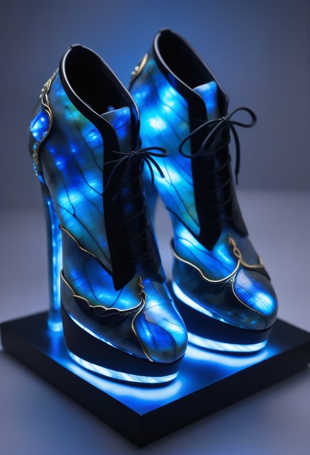 a pair of Haute Couture shoes made out of reij-lmlbrdrt <lora:LumiLabradorit:1>, tattoo ink of a masterpiece, landscape of a video game landscape, magical digital manipulation, flowing, highly decorated, intense, ambient atmosphere, stunning