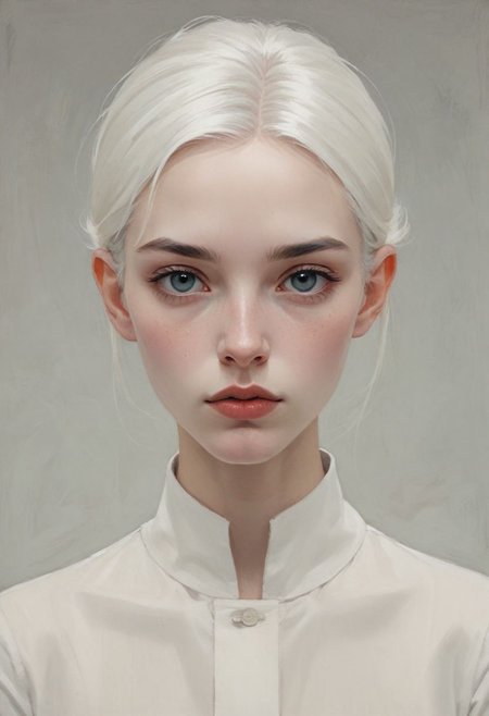 minimalist illustration, one woman, white hair, charming, captivating, minimalist, slender frame, detailed, headshot, painterly , style of malcolm liepke