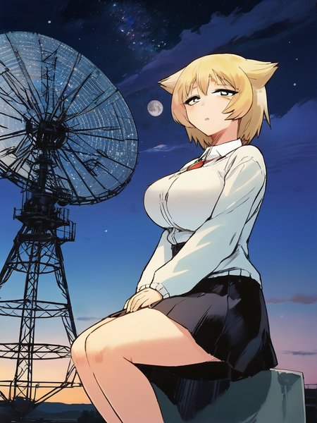 anime drawing of fuchibeppu chiyuri girl, masterpiece, best quality, a girl in a lab coat stands against the background of a parabolic radar antenna under the night sky, blonde hair,  <lora:fuchibeppu_safetensors:1>