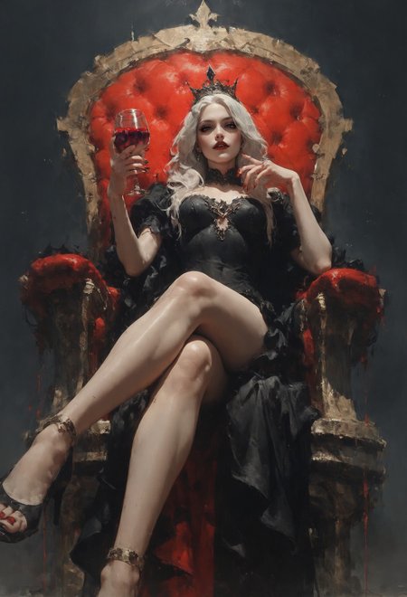 (score_9, score_8_up:1.1), score_7_up,   1girl, vampire queen, petite, white hair, long hair,  sitting on a golden throne, black royal dress, black royal miniskirt, thighs, crossed legs, from below, air of superiority, throne room, black tiara, nail polish, red fingernails, pale skin, bloody, red wine glass, bats,  <lora:d4rk01lXLP:0.7>  <lora:Concept Art Eclipse Style LoRA_Pony XL v6:0.5>