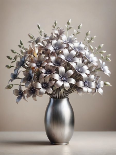 A bouquet of delicate flowers, their petals and stems transformed into shimmering ais-steelz, bathed in soft morning light <lora:Brushed_Steel_Style_SDXL:1>