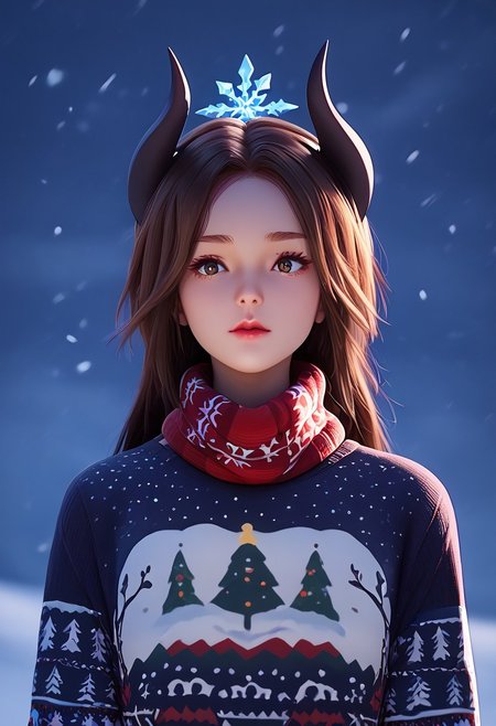 score_9, score_8_up, score_7_up, score_6_up, score_5_up, score_4_up, masterpiece, ultra-detailed, high resolution,
christmas_sweater,chuxue, Demon，
1girl, brown hair, parted bangs, slightly parted lips, looking down, wearing a black star-patterned sweater and scarf, in a night scene, with heavy snowfall, large and fluffy snowflakes, six-pointed and crystal-clear snowflakes, stars shining in the sky, a cute and innocent demon girl, demon horns, beautiful and pure, snow details