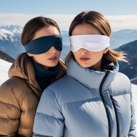 satin_scarf_blindfold, two women, puffer jackets, snowy mountainside
 <lora:satin_scarf_blindfold:0.3>