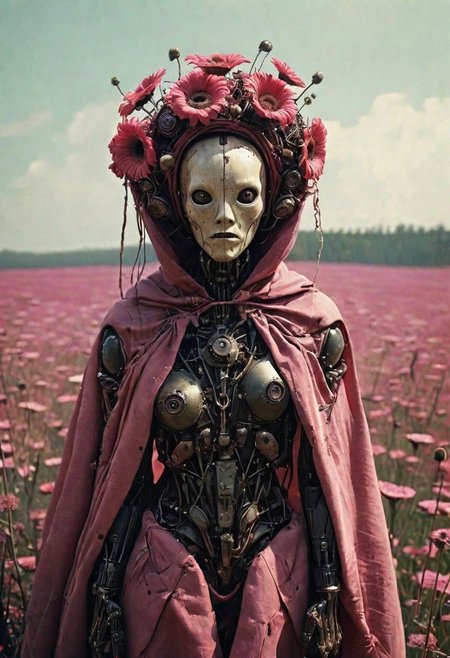 A Woman adorned in giant Natural Dry flower Bouquet, a vintage photo depicting a mechanical hybrid seer cyborg giant costumed AS Horror Freak flower Sales man emerging from a tattered pink linen cloak, adorned with numerous eyes, infront a dystopian, neon dark flower meadow, 
 very detailed, atmospheric haze, Film grain, cinematic film still, shallow depth of field, highly detailed, high budget, cinemascope, moody, epic, OverallDetail, gorgeous, 2000s vintage RAW photo, photorealistic, candid camera, color graded cinematic, eye catchlights, atmospheric lighting, skin pores, imperfections, natural, shallow dofintricate, elegant, fantasy art, portrait, dark, retro, ecstatic, plain, powerful, realistic, profoundly red dark color