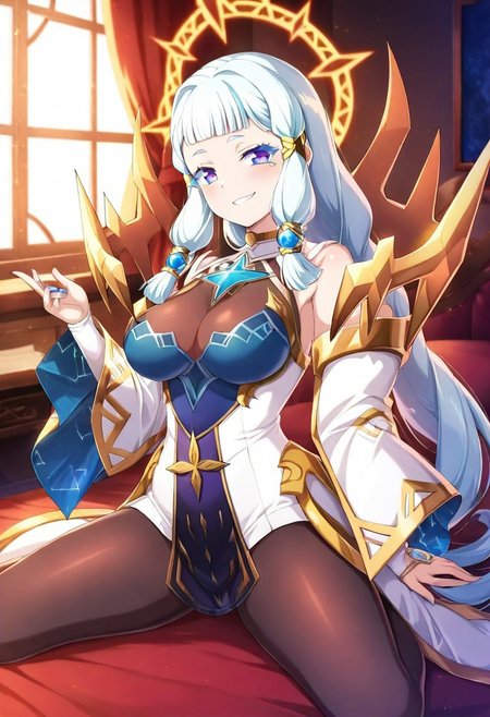 (masterpiece) ,best quality,amazing quality,very aesthetic,absurdres,newest, anime style, BREAK Astromancer_Elena, bedroom, only pantyhose, white t-shirt, smug