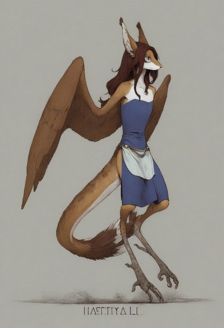 [creature name: Palagiri]
1 person, harpy, ((no arms, wings only)):1.6, androgynous, flat chest, no breasts, anthro, ((long hair)), ((long toes, nimble toes, handfeet)):1.4,, dynamic pose, gliding, coming in for a landing, fully clothed, pelvic curtain skirt, feline features, feline nose, feline ears, ((thick tail, tapering tail, feather tipped tail)), harpy:1.2, large wings, digitigrade legs, rating: safe