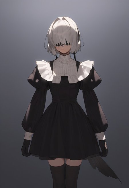1girl, masterpiece, best quality, white blindfold, covered eyes, mole under mouth, clothing cutout, long sleeves, puffy sleeves, juliet sleeves, feather trim, black thighhighs, black gloves, black dress, black skirt,  <lora:Abbystea_Style_LoRA_XL:1>, abbystea style