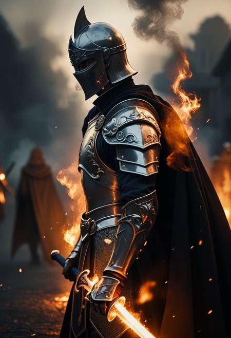 score_9, score_8_up, score_7_up, CINE, solo, 1boy, holding, standing, weapon, male focus, sword, cape, holding weapon, armor, from side, glowing, holding sword, helmet, fire, shoulder armor, gauntlets, 1other, smoke, pauldrons, breastplate, knight, full armor, ambiguous gender, glowing weapon, embers, helm, 
dof, depth of field, realistic, blurry background,
 <lora:CINE-000008:0.8>